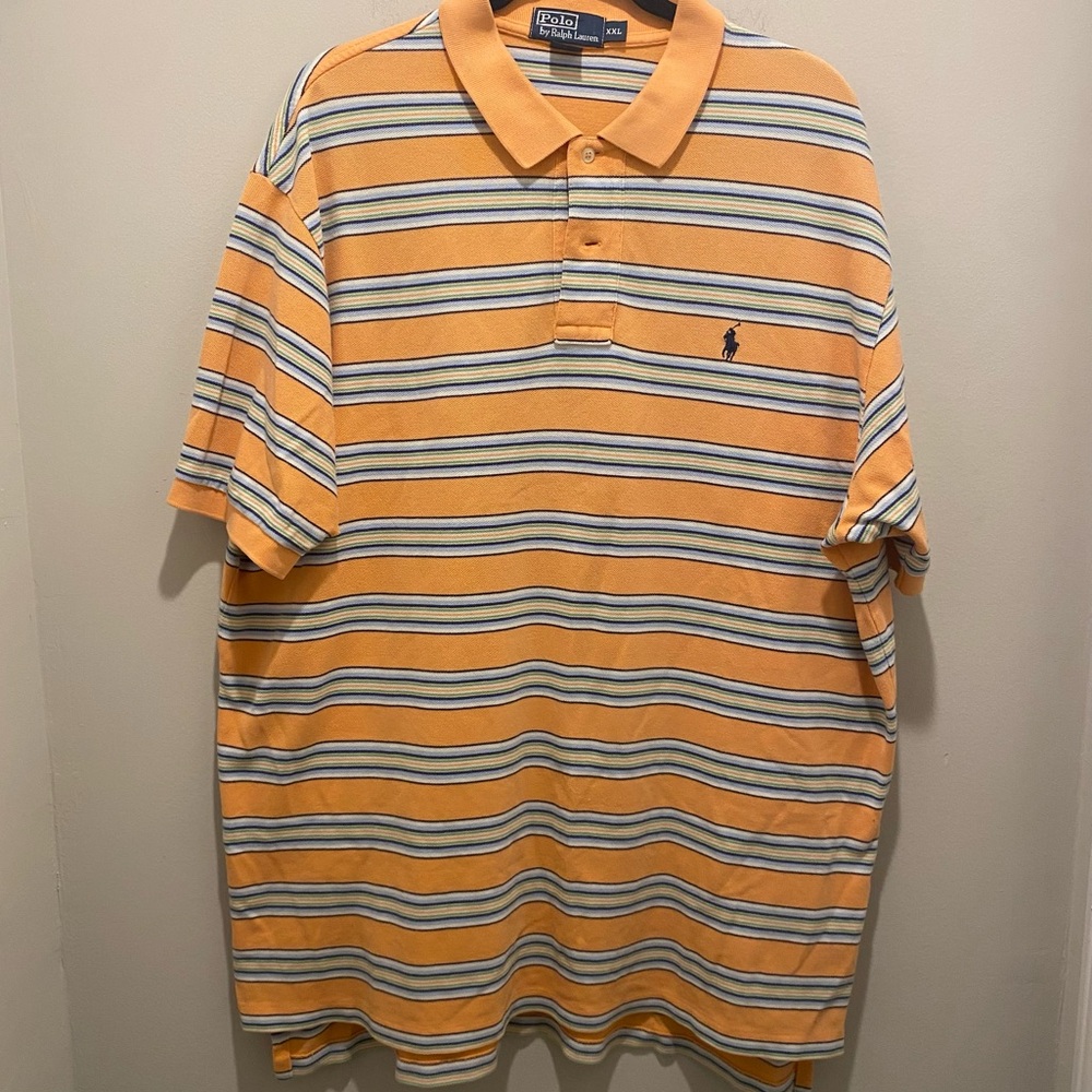 Vintage Polo Ralph Lauren Block Stripes Rugby Shirt Orange Men’s Size 2XL EUC